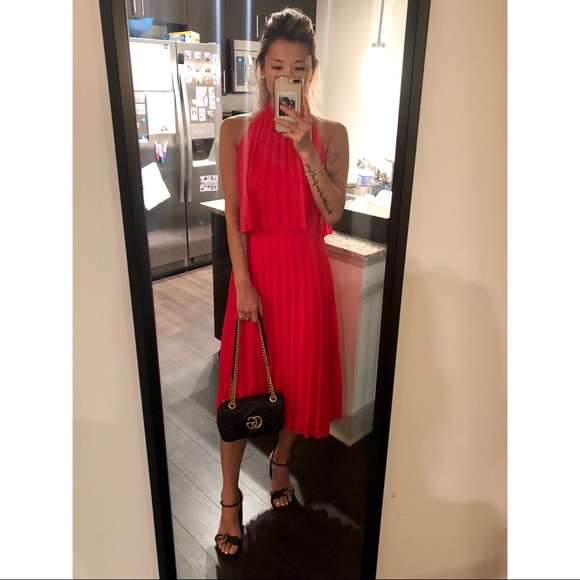 halter tie neck midi dress in pleat